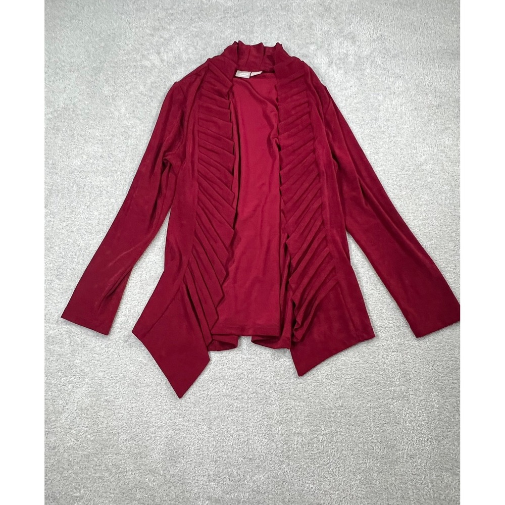 Chicos Travelers Womens S Red Open Front Ruffle‎ Cardigan Pleated Sharkbite Hem